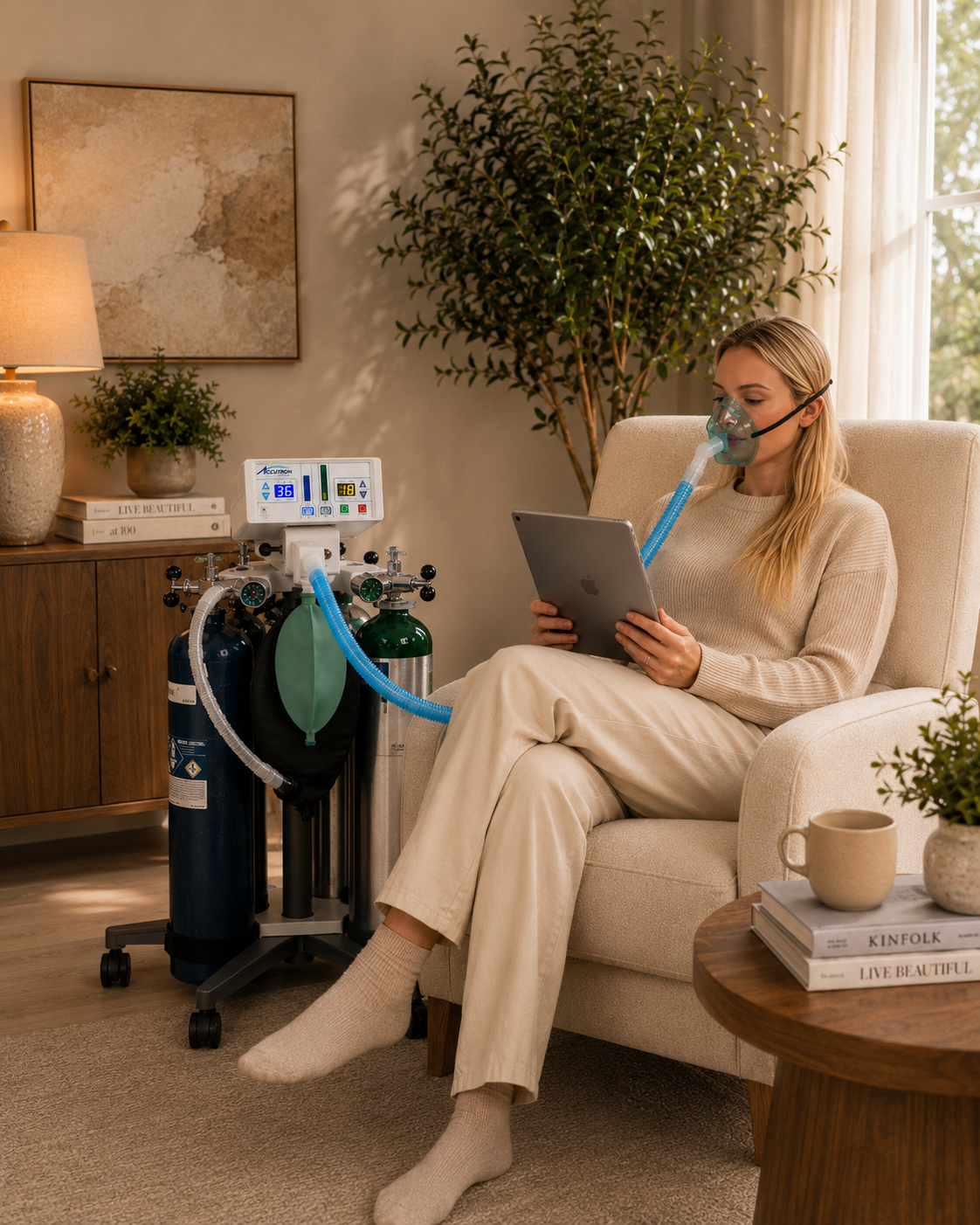 A patient seated in a clinic chair during a NitrousSeal nitrous oxide therapy session, holding a tablet